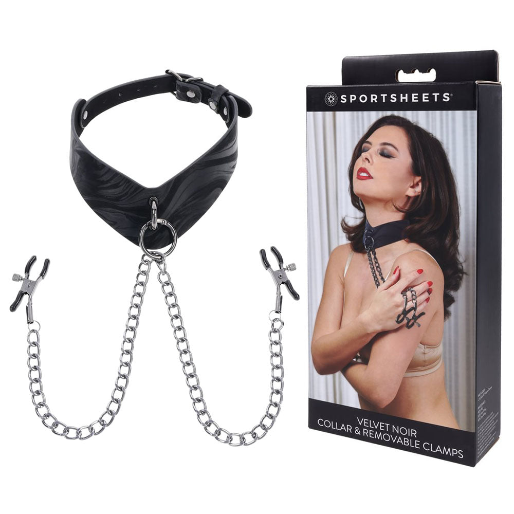 Sportsheets Velvet Noir Collar & Removable Clamps Neck and Nipple Restraints Black BONDAGE-TOYS