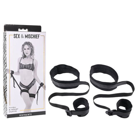 Sex and Mischief Thigh and Wrist Cuffs for Intimate Adventures Black Restraints
