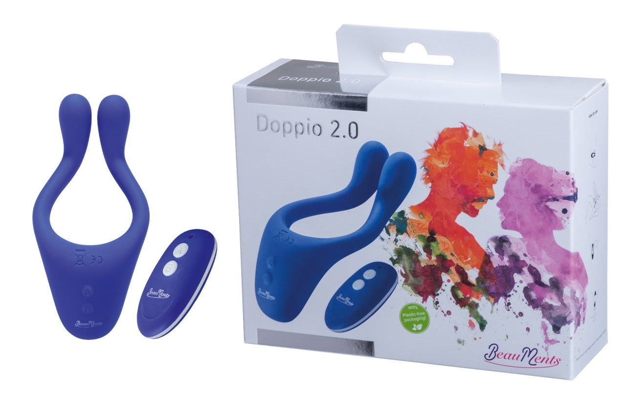 BeauMents Doppio 2.0 Blue Rechargeable Silicone Vibrator with Remote Control, 13 cm Length