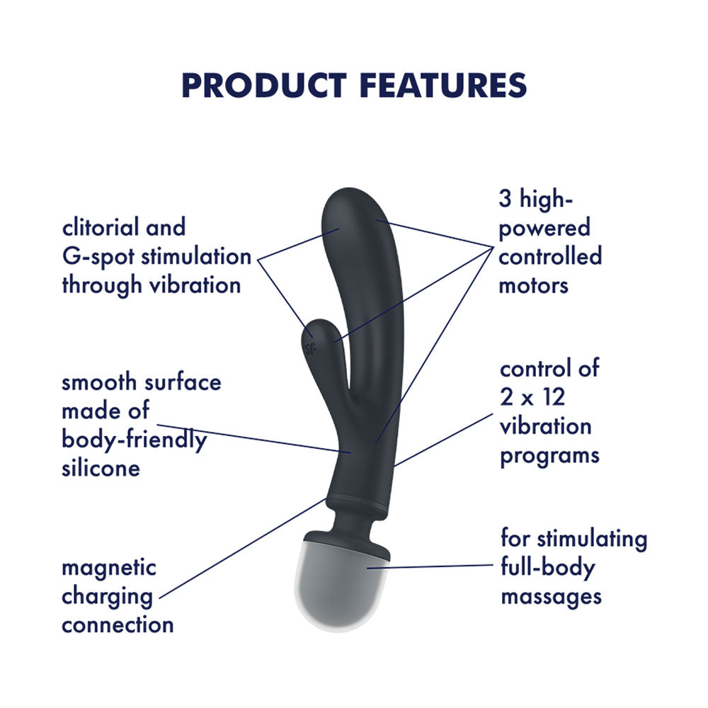 Satisfyer Triple Lover Grey Hybrid Wand and Rabbit Vibrator with 12 Vibration Modes and Waterproof Design VIBRATORS-RABBIT-MULTI