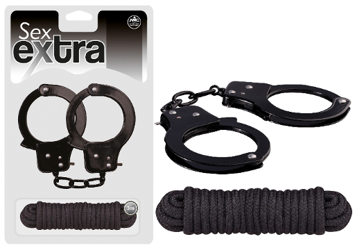 Sex Extra Metal Cuffs and Love Rope Black 3 Meter Bondage Set
