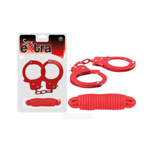 Sex Extra Metal Cuffs and Love Rope Set Red 3 Metre Bondage Kit