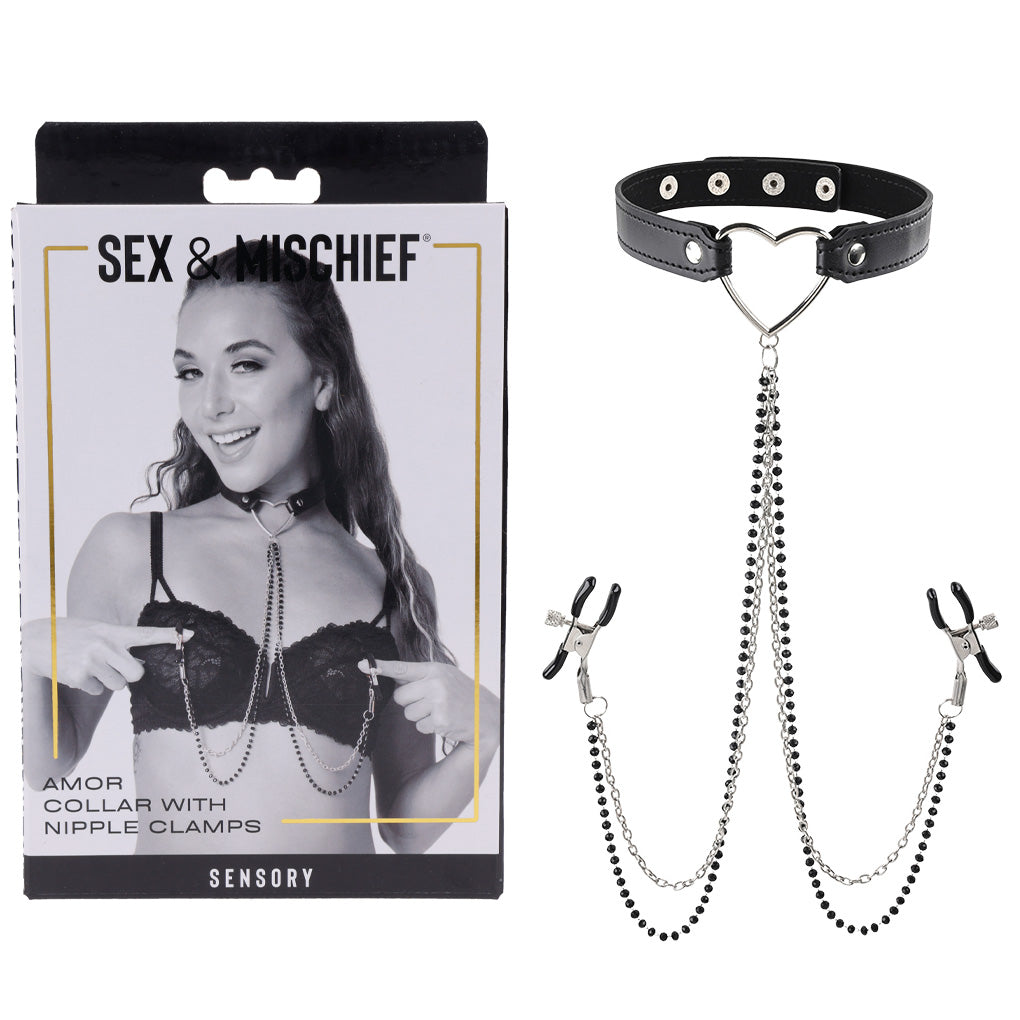 Sex & Mischief Amor Adjustable Collar with Nipple Clamps – Erotic Clothing Accessory > Sex Toys > Nipple Clips Main image