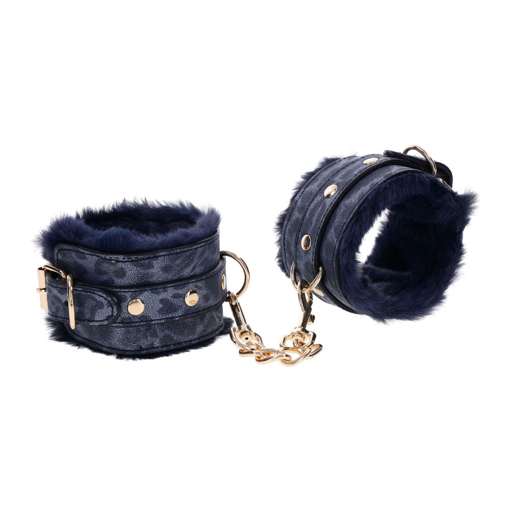 Sex and Mischief Navy and Gold Faux Fur Handcuffs with Adjustable Size and Chain Detailing > Bondage Gear > Restraints Main image