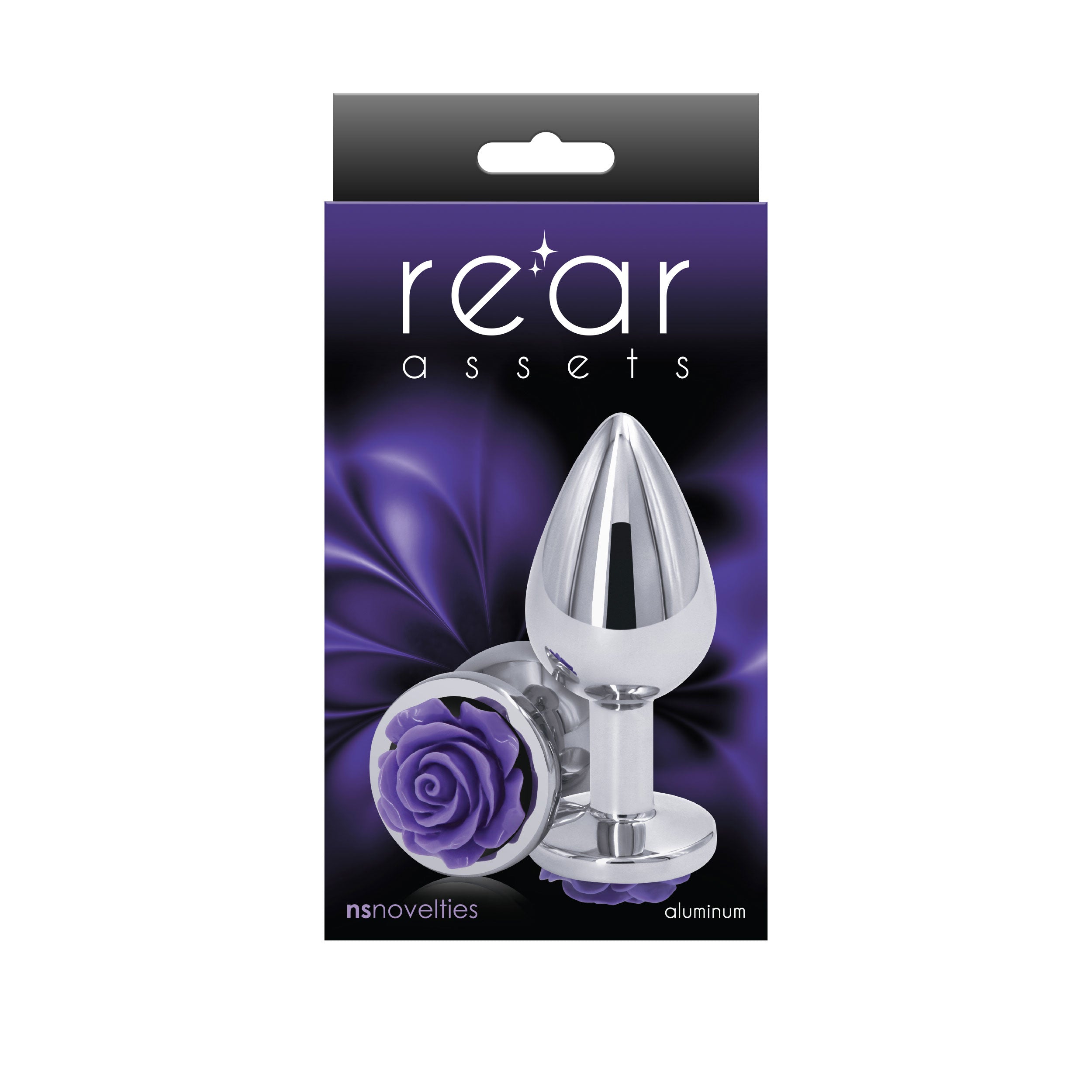 Rear Assets Rose Medium 8.9 cm Metal Butt Plug with Purple Base > Anal Range > Jewel Butt Plugs