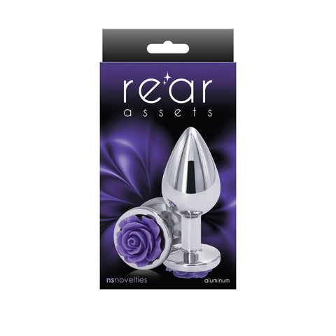 Rear Assets Rose Medium 8.9 cm Metal Butt Plug with Purple Base > Anal Range > Jewel Butt Plugs