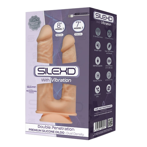 Silexd 8 Inch and 7 Inch Model 1 Double Penetration Flesh Silicone Dildo with 10 Vibration Functions and Suction Cup Base DONGS Vibrating