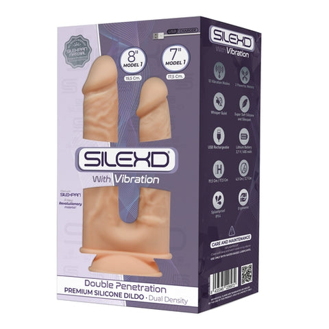 Silexd 8 Inch and 7 Inch Model 1 Double Penetration Flesh Silicone Dildo with 10 Vibration Functions and Suction Cup Base DONGS Vibrating
