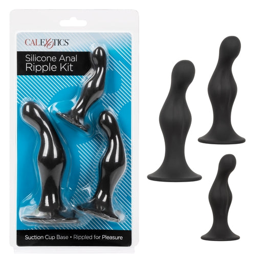 Silicone Anal Ripple Kit Set of 3 Black Graduated Curved Anal Plugs with Suction Cup Base > Anal Range > Butt Plug Kits