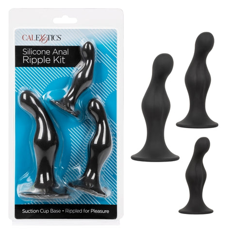 Silicone Anal Ripple Kit Set of 3 Black Graduated Curved Anal Plugs with Suction Cup Base > Anal Range > Butt Plug Kits