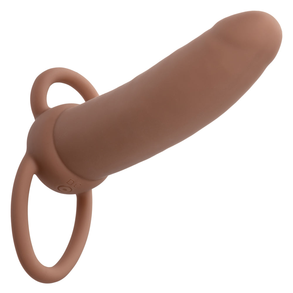 Performance Maxx Rechargeable Thick Dual Penetrator 5 Inch Brown Liquid Silicone with USB Charging and Scrotum Ring Vibrators