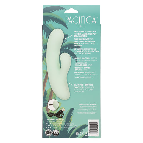 Pacifica Fiji Dual Stimulator in Mint Green with 10 Vibration Functions, Liquid Silicone, USB Rechargeable, Waterproof IPX7, 7.5 Inches