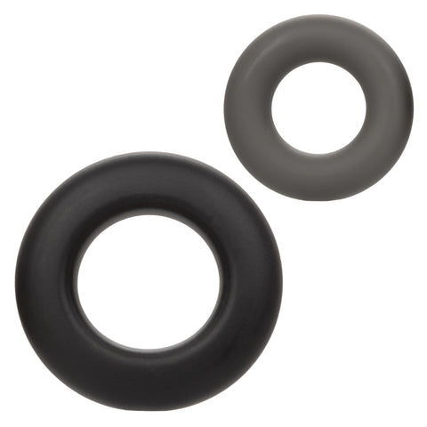 Alpha Liquid Silicone Prolong Set of 2 Stretchy Comfortable Rings in Black, Small 0.75” and Large 1” Diameter COCK RING Set