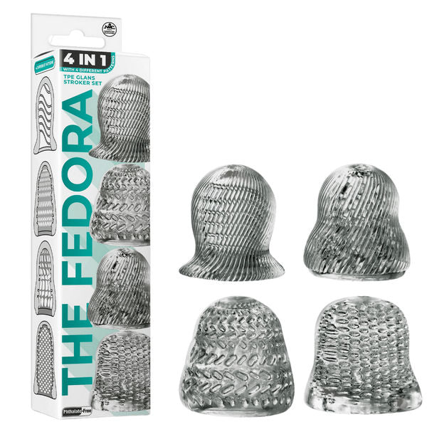 The Fedora 4 Set Masturbator Transparent Black Textured Glans Stroker Sleeves 2 Inch TPE Material Strokers - Manual