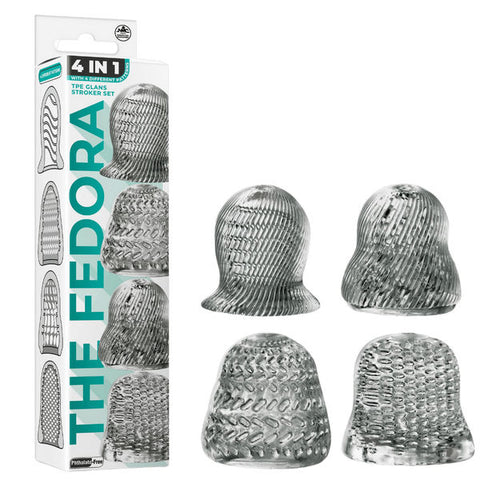 The Fedora 4 Set Masturbator Transparent Black Textured Glans Stroker Sleeves 2 Inch TPE Material Strokers - Manual