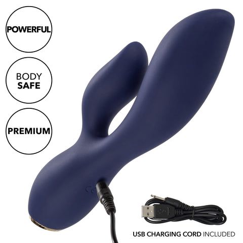 Chic Blossom Navy Blue Flexible Silicone Dual Motor Vibrator with Gold Accents, 10 Speeds, Waterproof and Rechargeable > Vibrators > Ladies > Rabbit