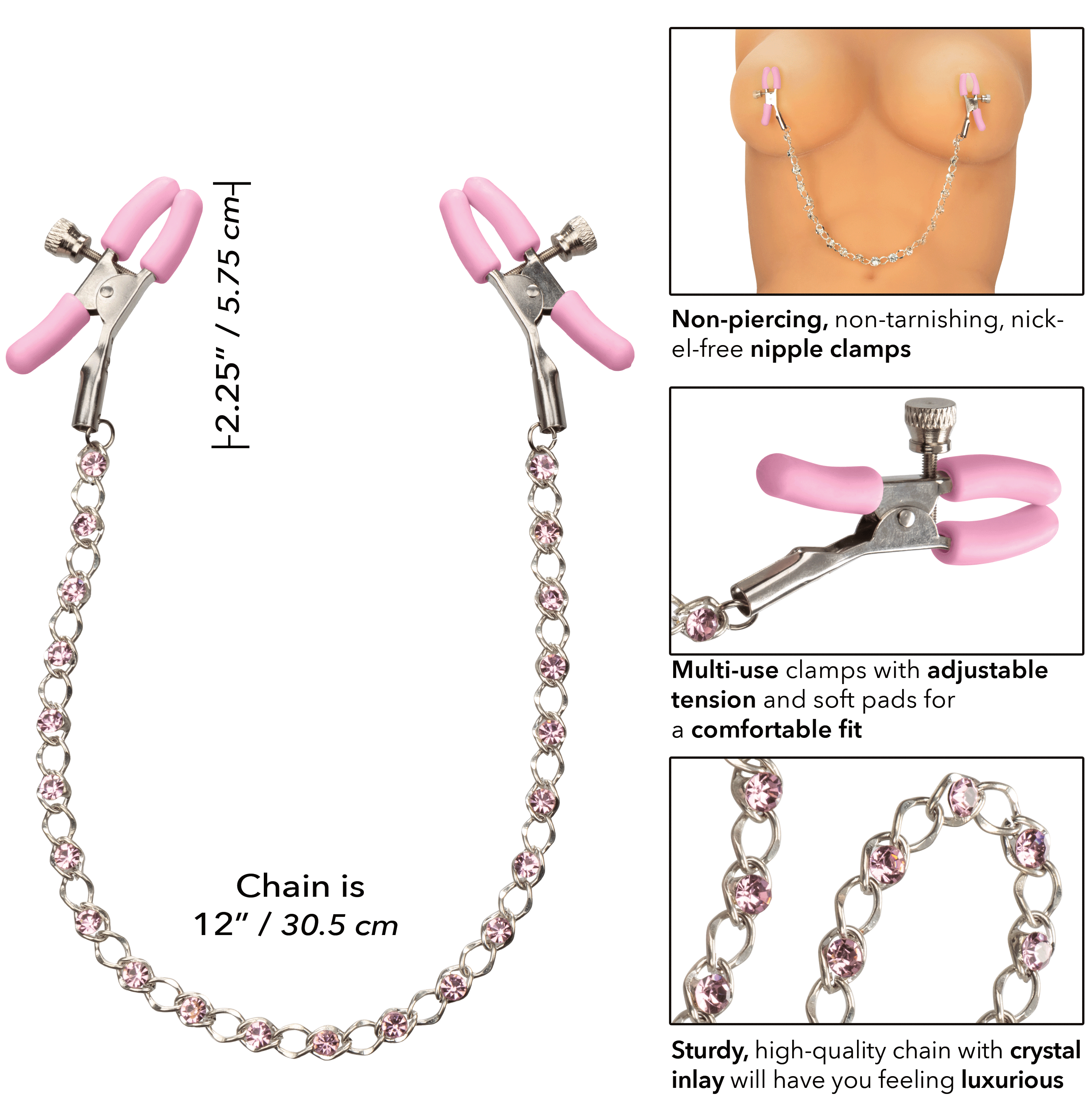 First Time Crystal Nipple Teasers with Pink Silicone Pads and Adjustable Tension Chain > Sex Toys > Nipple Clips