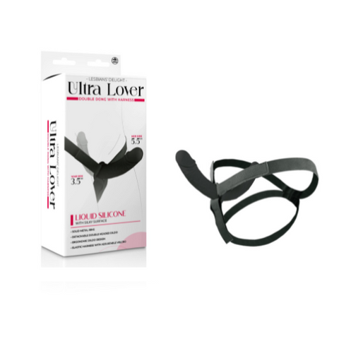 Ultra Lover 8 Inch Black Silicone Double Dong with Adjustable Strap On Harness STRAP-ONS