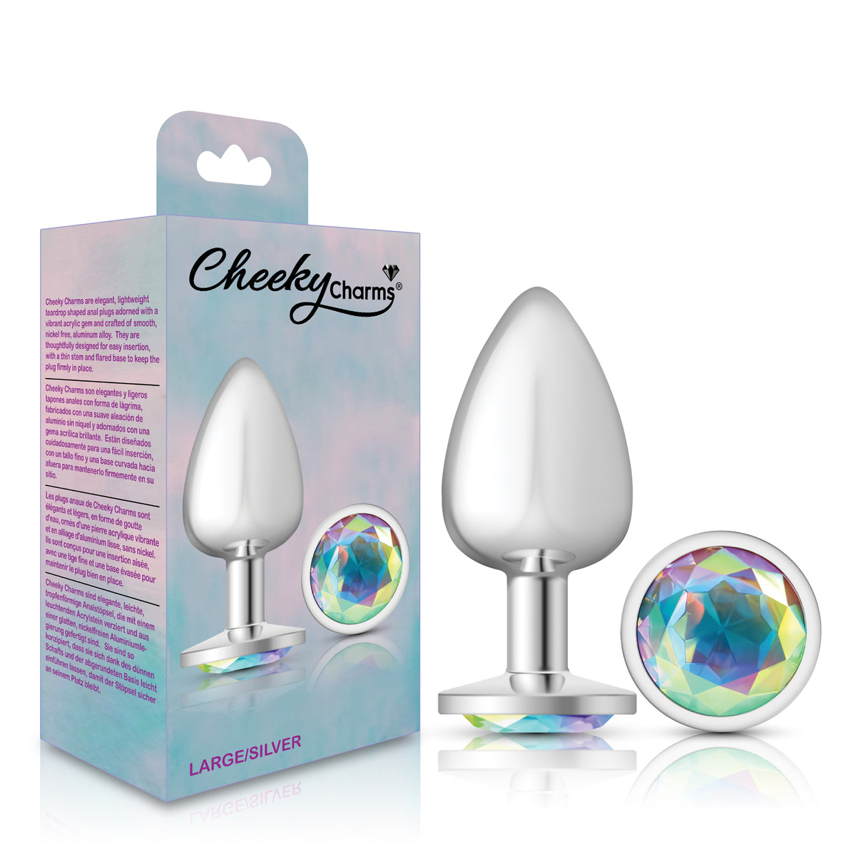 Cheeky Charms Silver Round Butt Plug with Clear Iridescent Jewel Large (9.12cm) > Anal Range > Jewel Butt Plugs