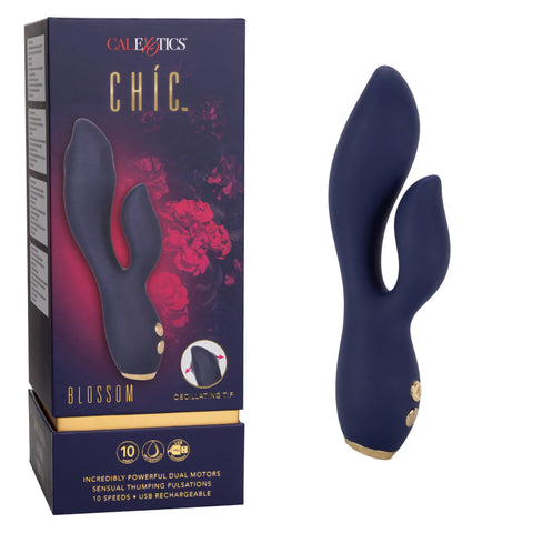 Chic Blossom Navy Blue Flexible Silicone Dual Motor Vibrator with Gold Accents, 10 Speeds, Waterproof and Rechargeable > Vibrators > Ladies > Rabbit