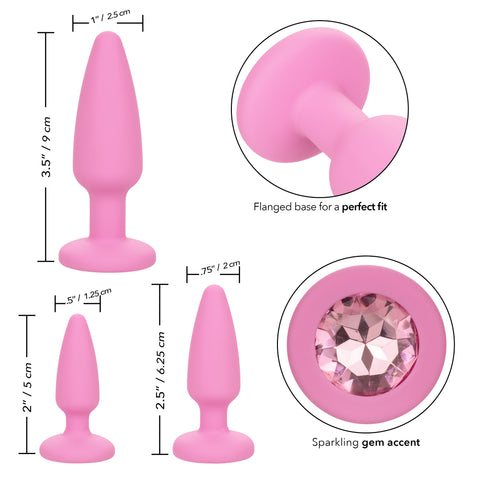 First Time Crystal Booty Kit Pink - 3 Graduated Sizes Smooth Silicone Anal Plugs with Crystal Inlay > Anal Range > Butt Plug Kits