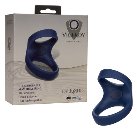 Viceroy Max Dual Ring Blue Liquid Silicone 2.75in x 2in with 10 Vibration Functions Rechargeable Cock Rings Vibrating