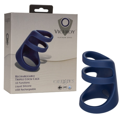 Viceroy Triple Cock Cage Liquid Silicone Ring with 10 Vibration Functions, Blue, 3.5in x 2in Cages
