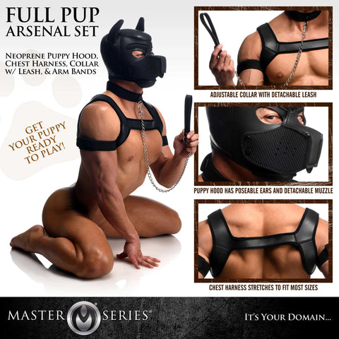 Master Series Full Pup Arsenal Set Black Neoprene Puppy Hood Chest Harness Collar Leash and Arm Bands > Sex Toys > Animal Play