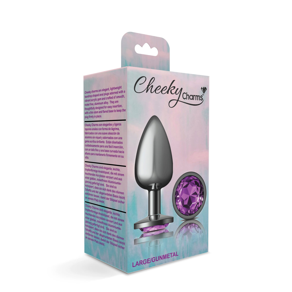 Cheeky Charms Gunmetal Round Butt Plug with Purple Jewel Large (9.12cm) > Anal Range > Jewel Butt Plugs
