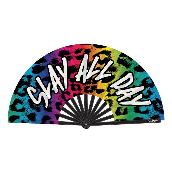 Slay All Day (Rainbow Leopard Print) Large Folding Hand Fan – Glossy Bamboo and Satin Fan Secondary image