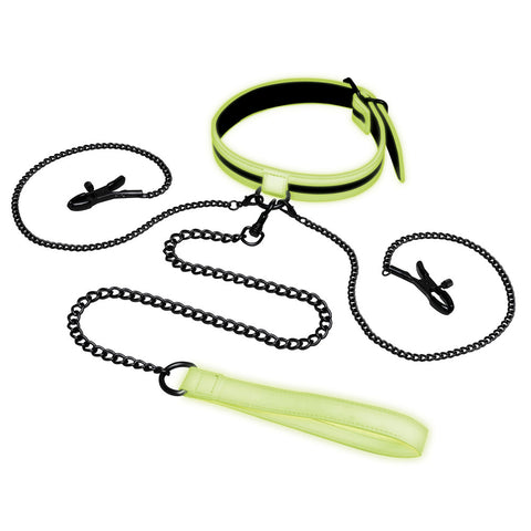 WhipSmart Glow in the Dark Collar with Nipple Clips and Leash BONDAGE-TOYS