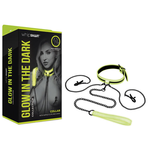 WhipSmart Glow in the Dark Collar with Nipple Clips and Leash GreenYellow BONDAGE-TOYS