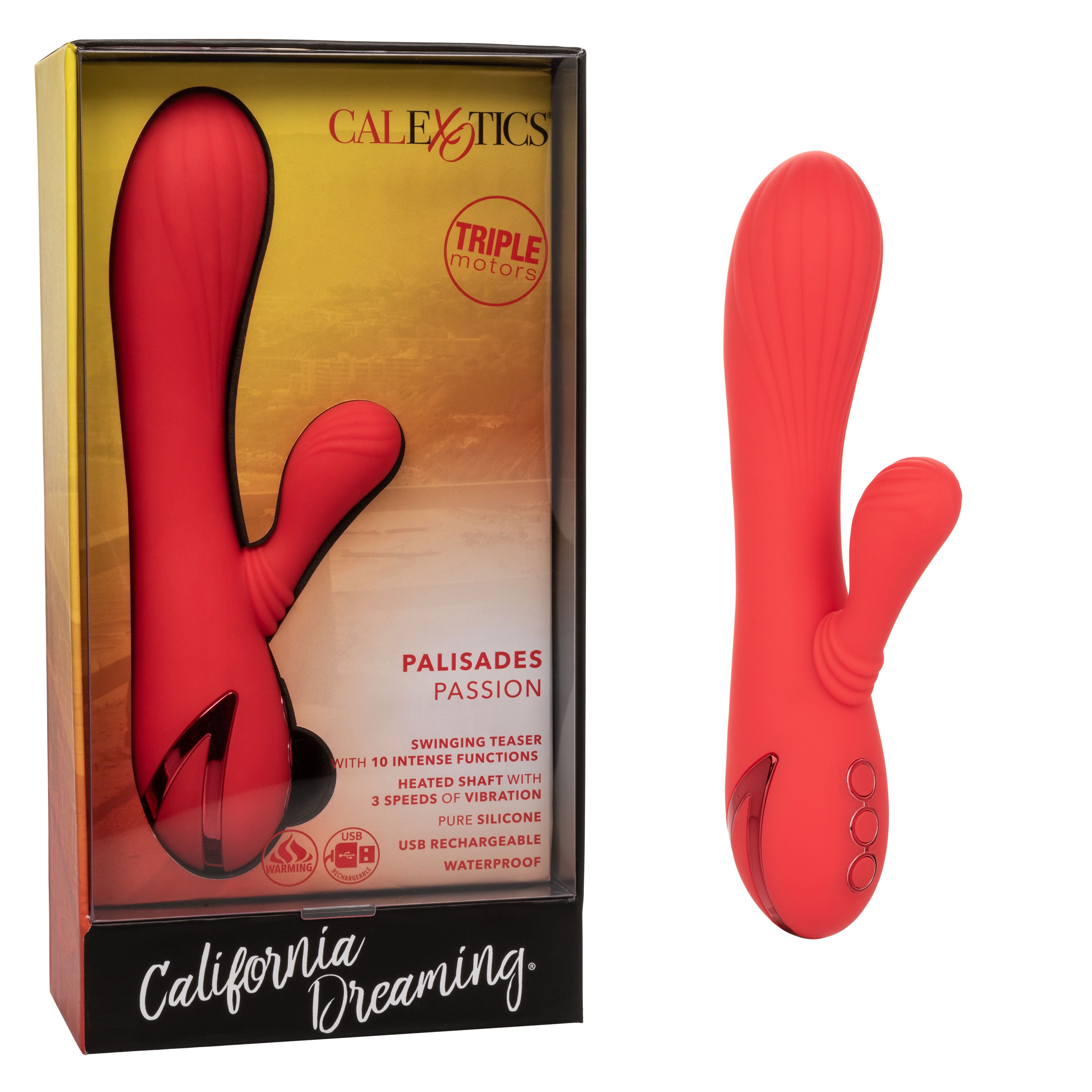 California Dreaming Palisades Passion Red Silicone Heated Massager with Swinging Teaser and Triple Motor Vibrations > Vibrators > Ladies > Rabbit