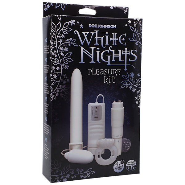 White Nights Pleasure Kit with 7-Inch Velvet Touch Vibe, Pocket Rocket, Multi-Speed Vibrating Egg, and Water-Based Glide