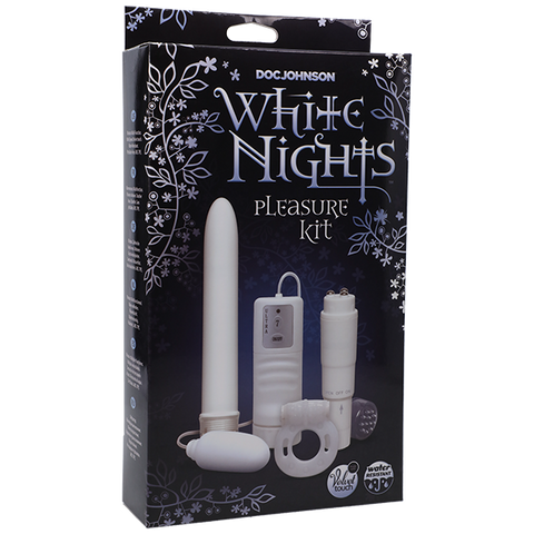 White Nights Pleasure Kit with 7-Inch Velvet Touch Vibe, Pocket Rocket, Multi-Speed Vibrating Egg, and Water-Based Glide