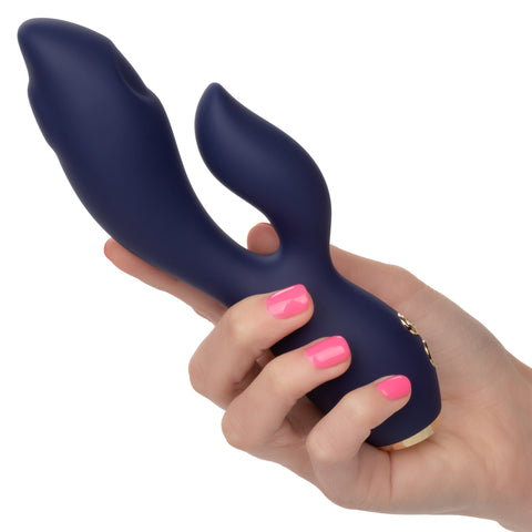 Chic Blossom Navy Blue Flexible Silicone Dual Motor Vibrator with Gold Accents, 10 Speeds, Waterproof and Rechargeable > Vibrators > Ladies > Rabbit