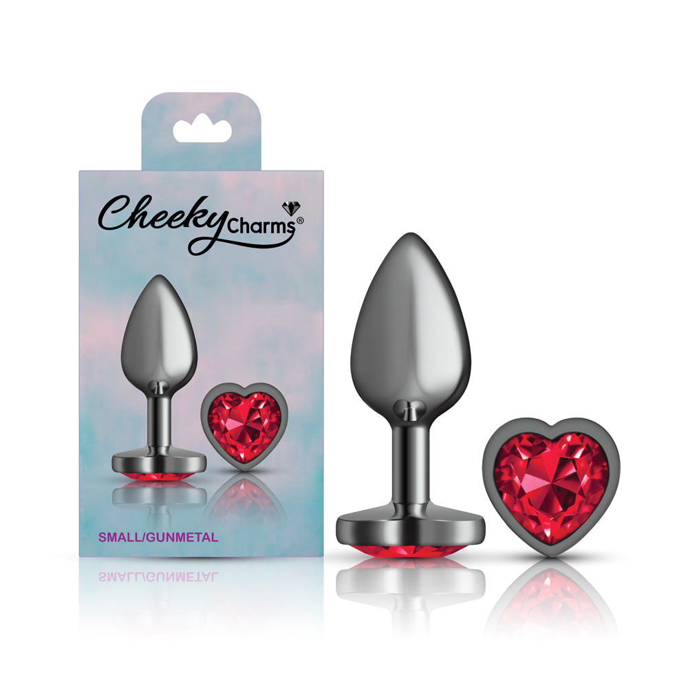 Cheeky Charms Gunmetal Butt Plug with Heart Red Jewel Small > Anal Range > Jewel Butt Plugs