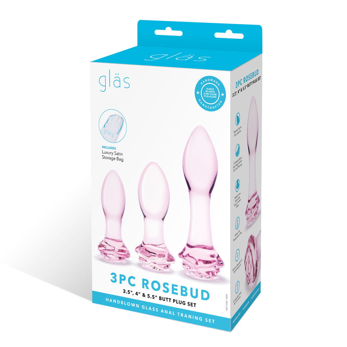Glas 3PC Rosebud Butt Plug Set Pink Handblown Glass Anal Training Set 3.5, 4.5, and 5.5 Inches > Glass > Toys