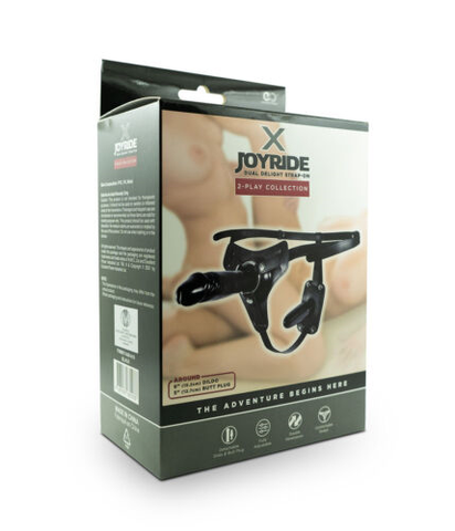 X Joyride 6 Inch and 5 Inch Dual Delight Black Faux Leather Strap-On Harness with Butt Plug STRAP-ONS