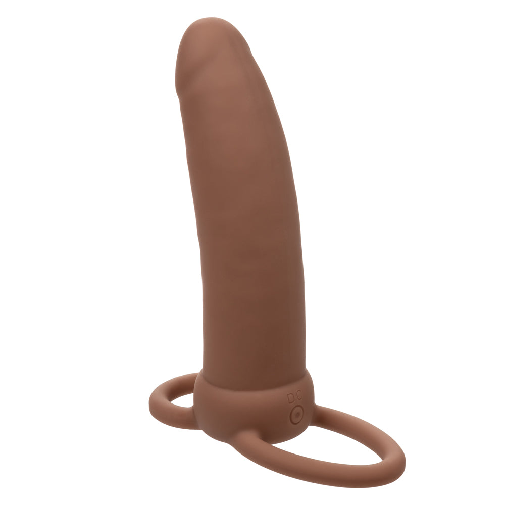 Performance Maxx Rechargeable Thick Dual Penetrator 5 Inch Brown Liquid Silicone with USB Charging and Scrotum Ring Vibrators