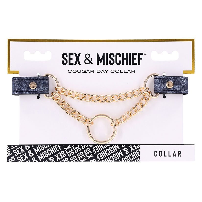 Sex & Mischief Cougar Day Collar Navy and Gold with Chain and Ring Size 38-43 cm Blue > Bondage Gear > Collars & Leashes