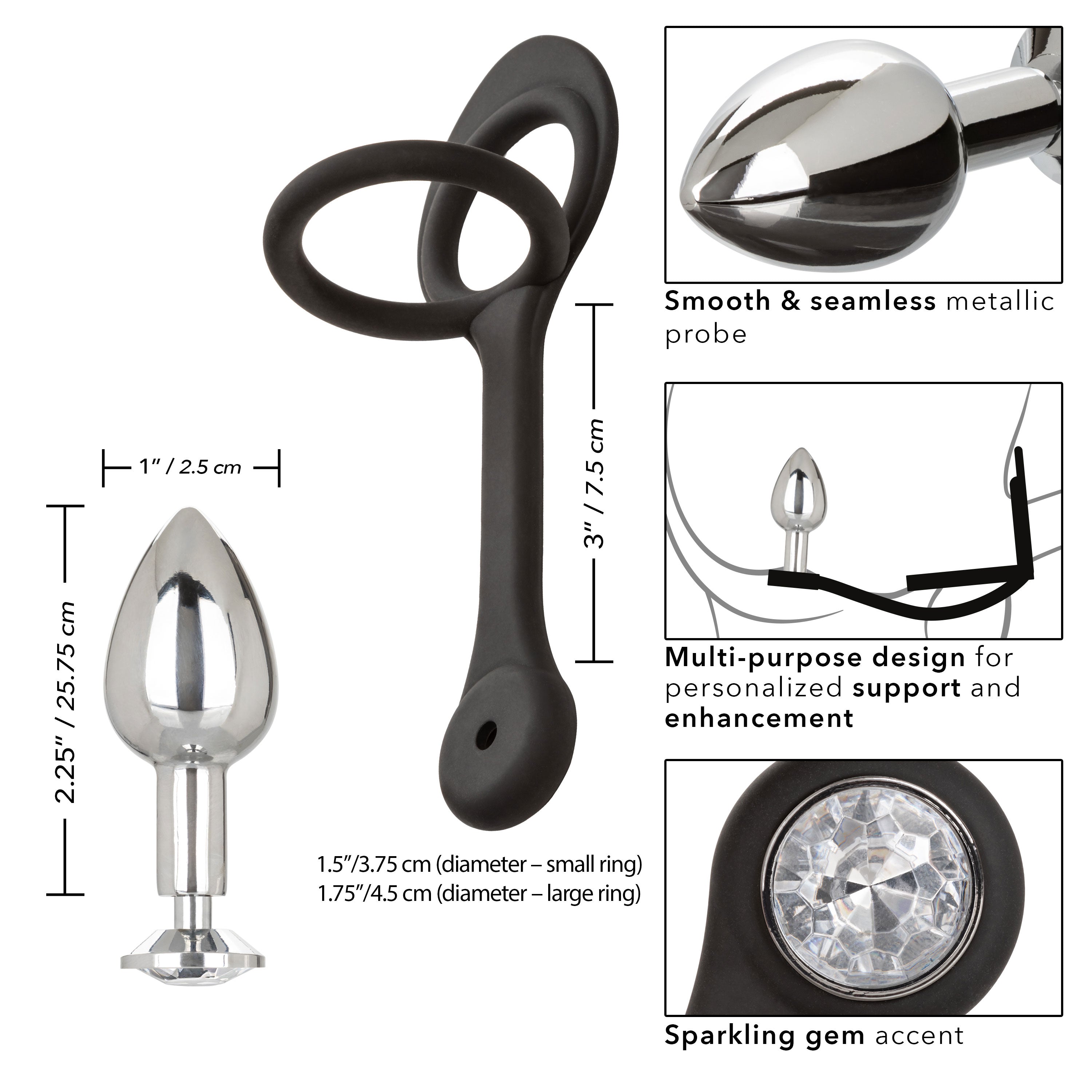 Star Fucker Mini Plug Black Silicone Dual Enhancer with Metal Probe and Sparkling Gem Base > Anal Range > Prostate Plugs