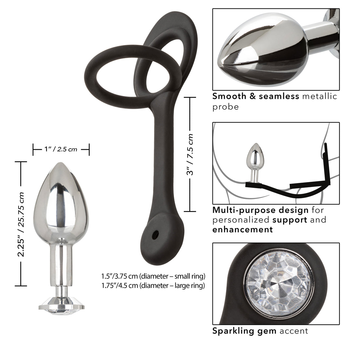 Star Fucker Mini Plug Black Silicone Dual Enhancer with Metal Probe and Sparkling Gem Base > Anal Range > Prostate Plugs