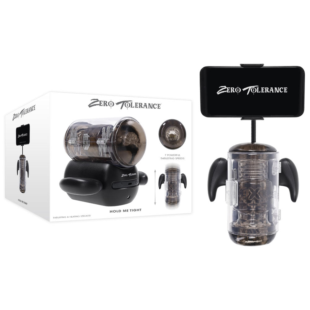 Zero Tolerance Hold Me Tight – USB Rechargeable Vibrating Heated Auto Stroker with Phone Holder Black > Sex Toys For Men > Masturbators Premium