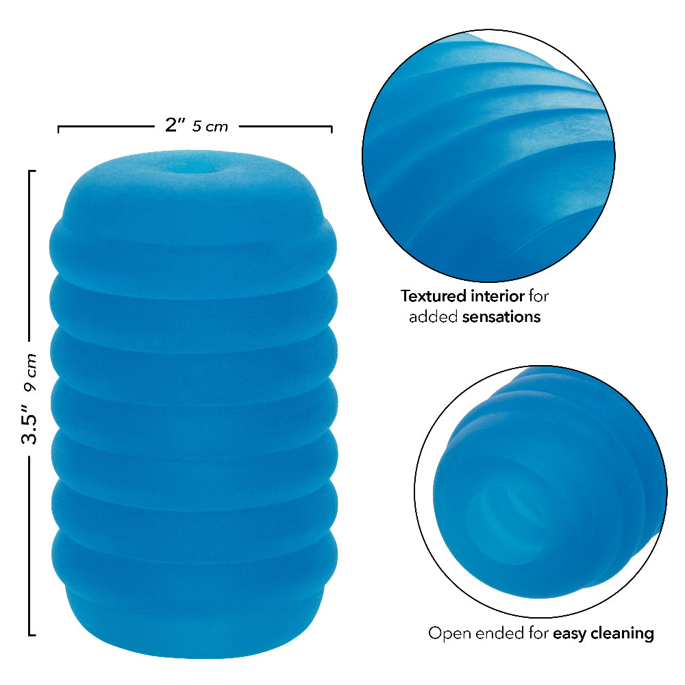 Pop Sock Ribbed Blue Versatile Reversible Stroker 3.5 Inch by 2 Inch Soft Stretchy TPE Strokers - Cup|Egg