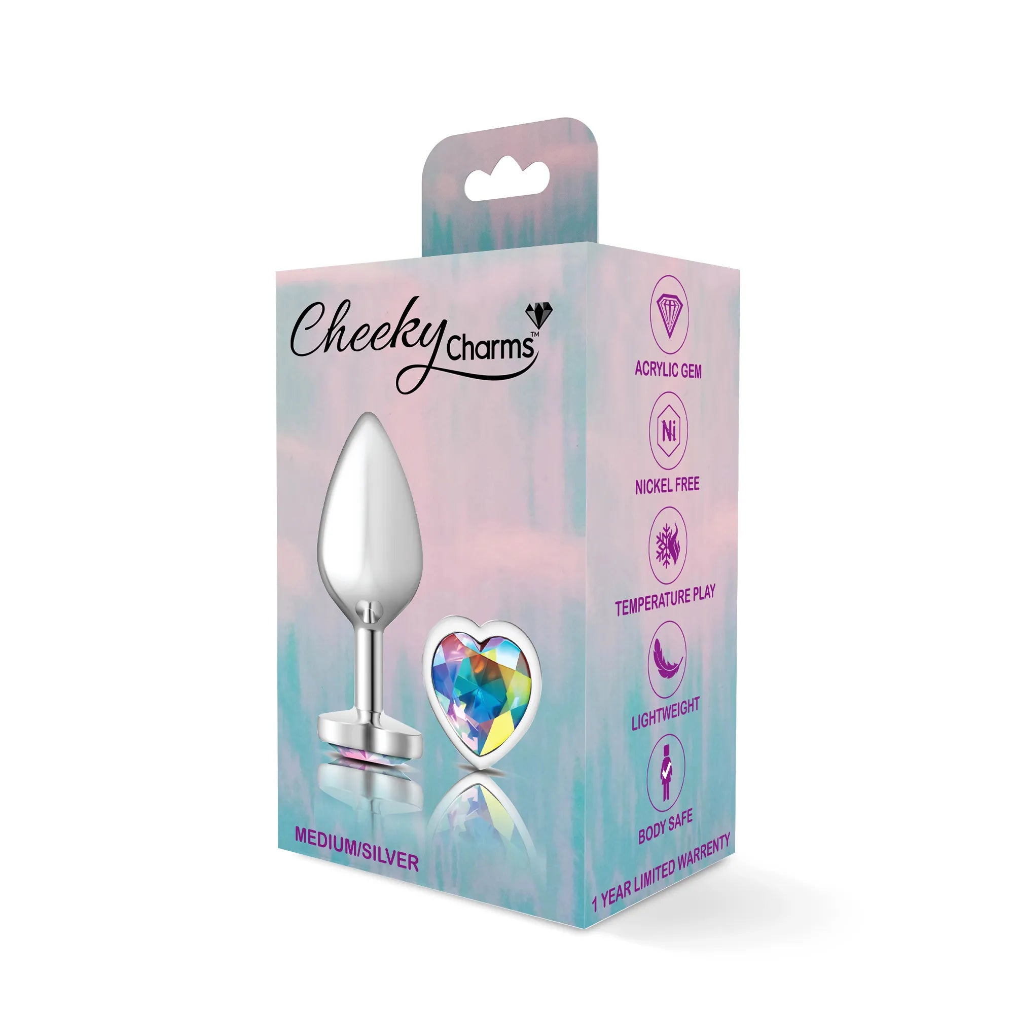 Cheeky Charms Silver Metal Butt Plug with Heart Clear Jewel Medium > Anal Range > Jewel Butt Plugs