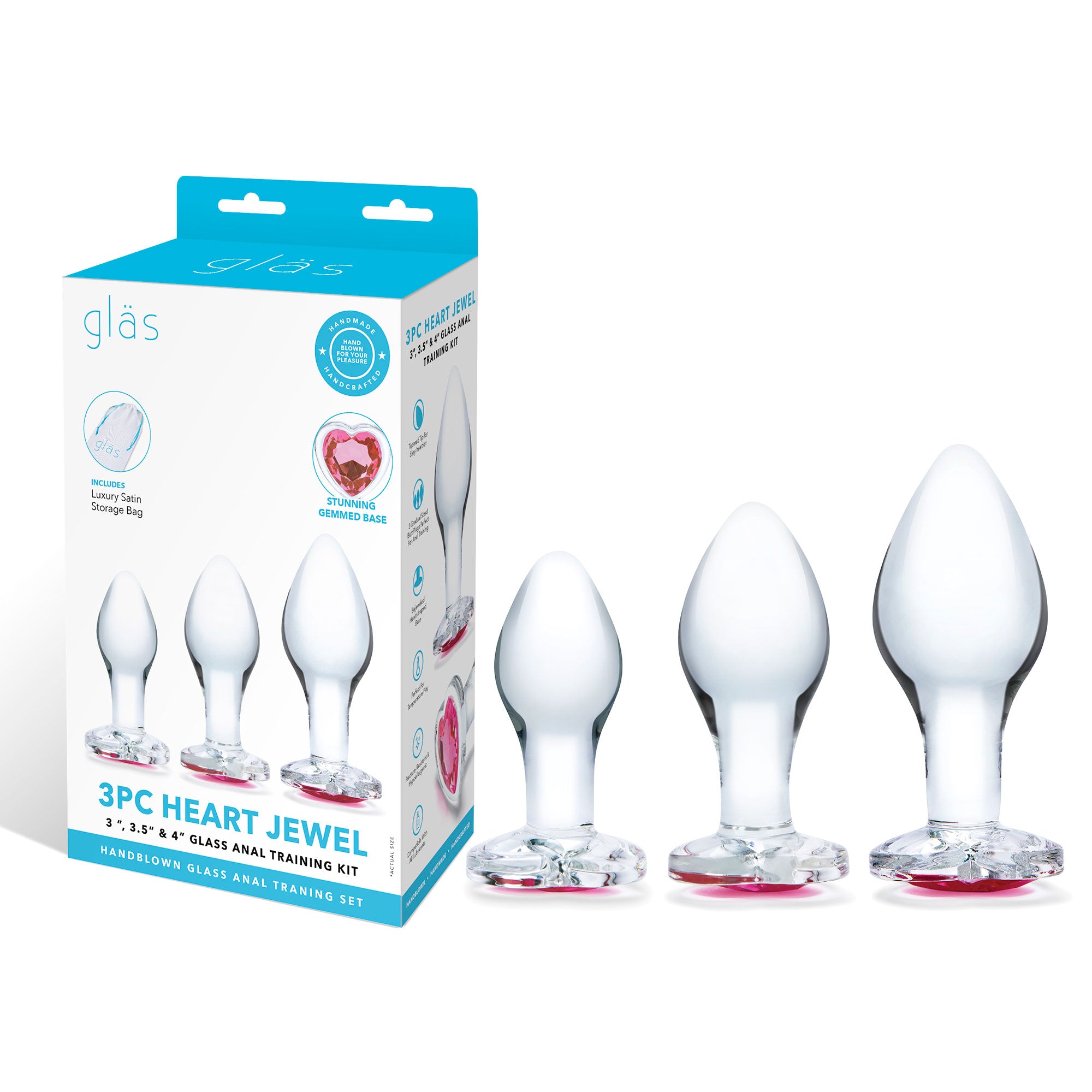 Glas 3 Inch 3.5 Inch 4 Inch 3PC Heart Jewel Clear Glass Anal Training Kit Clear > Sex Toys > Glass
