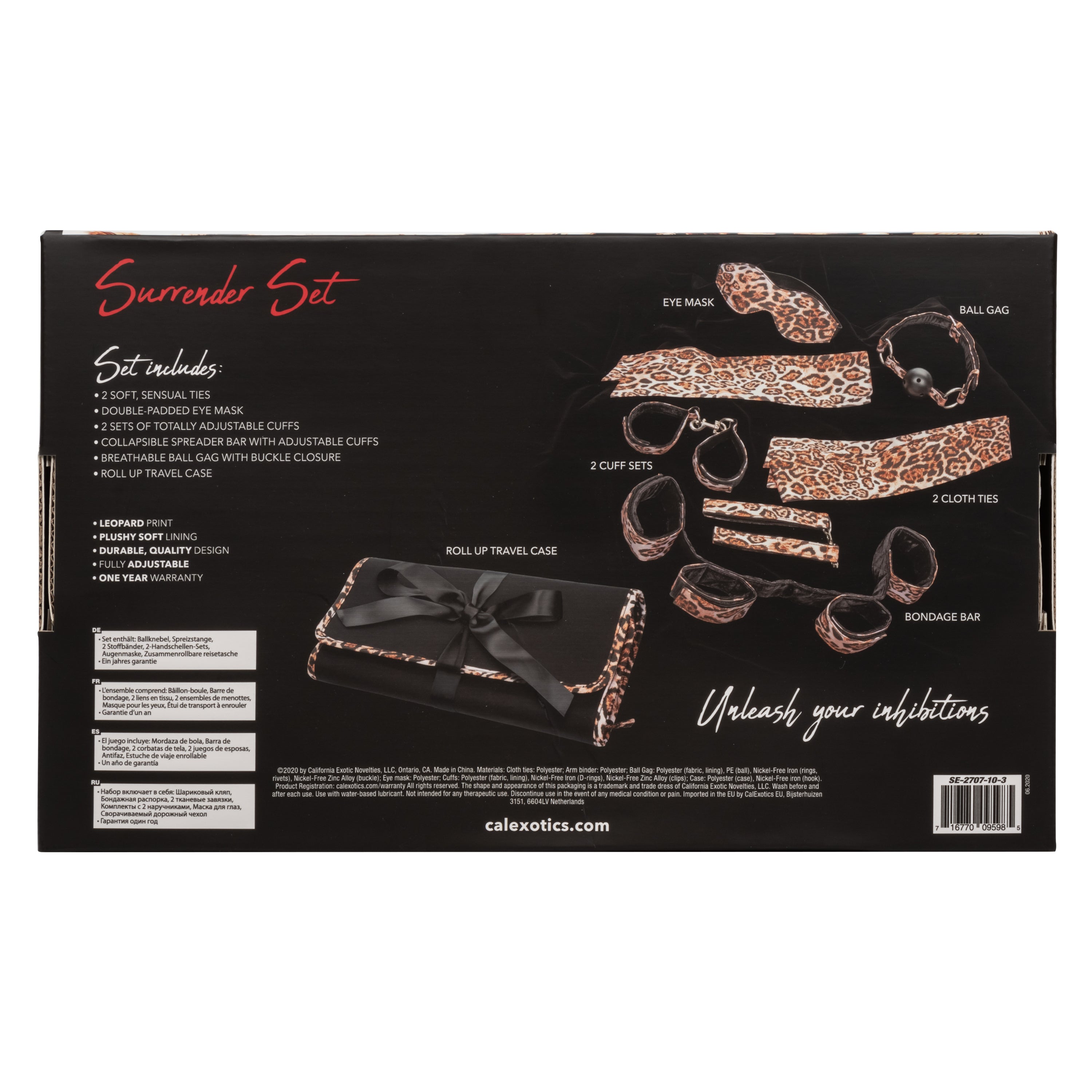 Unleashed Surrender Set Animal Print 8-Piece Travel-Ready Kink Kit with Adjustable Cuffs, Eye Mask, Ball Gag, Spreader Bar, and Roll-Up Case > Bondage Gear > Bondage Kits