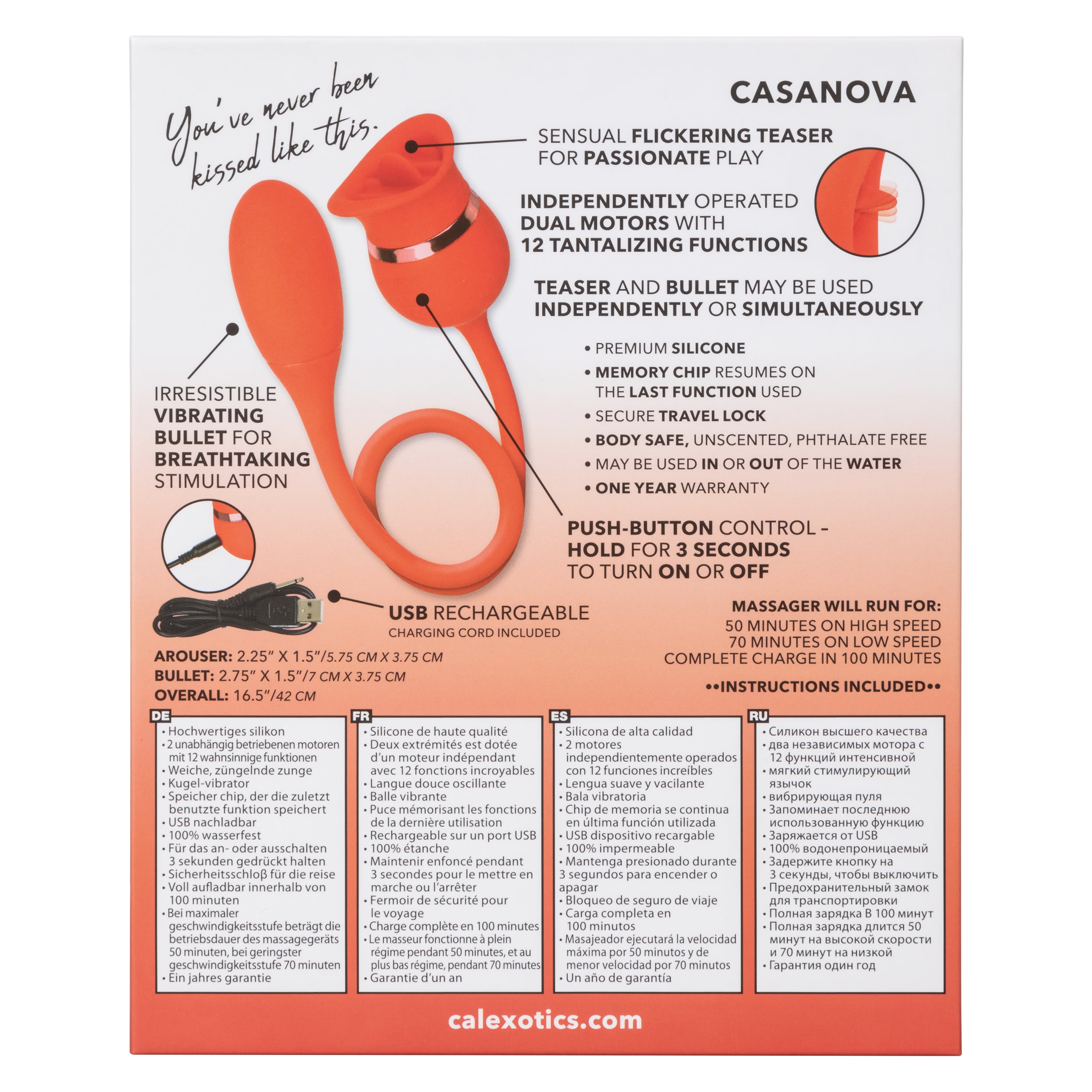 French Kiss Casanova Red Silicone Dual Motor Vibrating Massager with Flickering Teaser and USB Rechargeable Battery Finger Stimulator