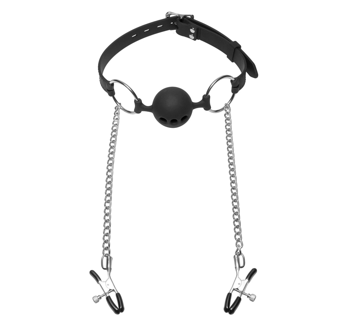 Hinder Breathable Silicone Ball Gag With Nipple Clamps > Bondage Gear > Gags and Bits